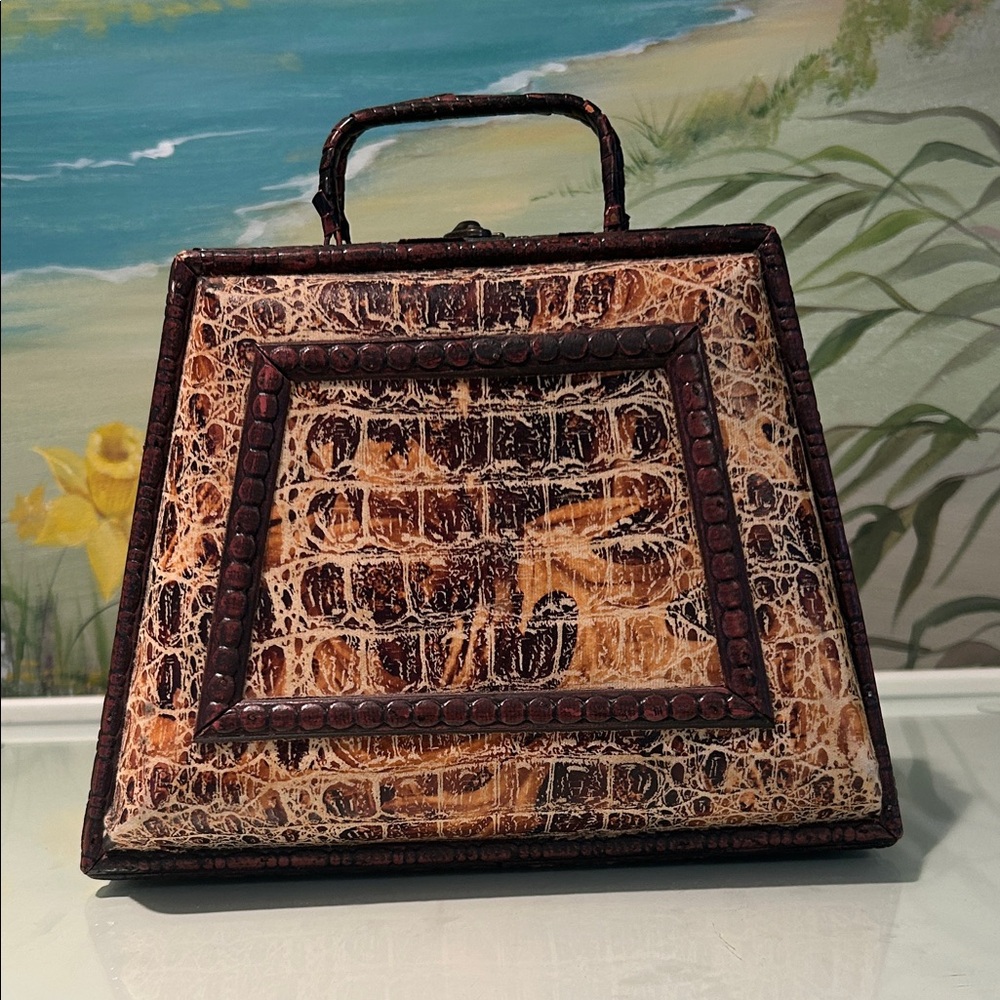 Vintage Faux Croc-Embossed Trapezoid Top-Handle Wood Bag in Brown